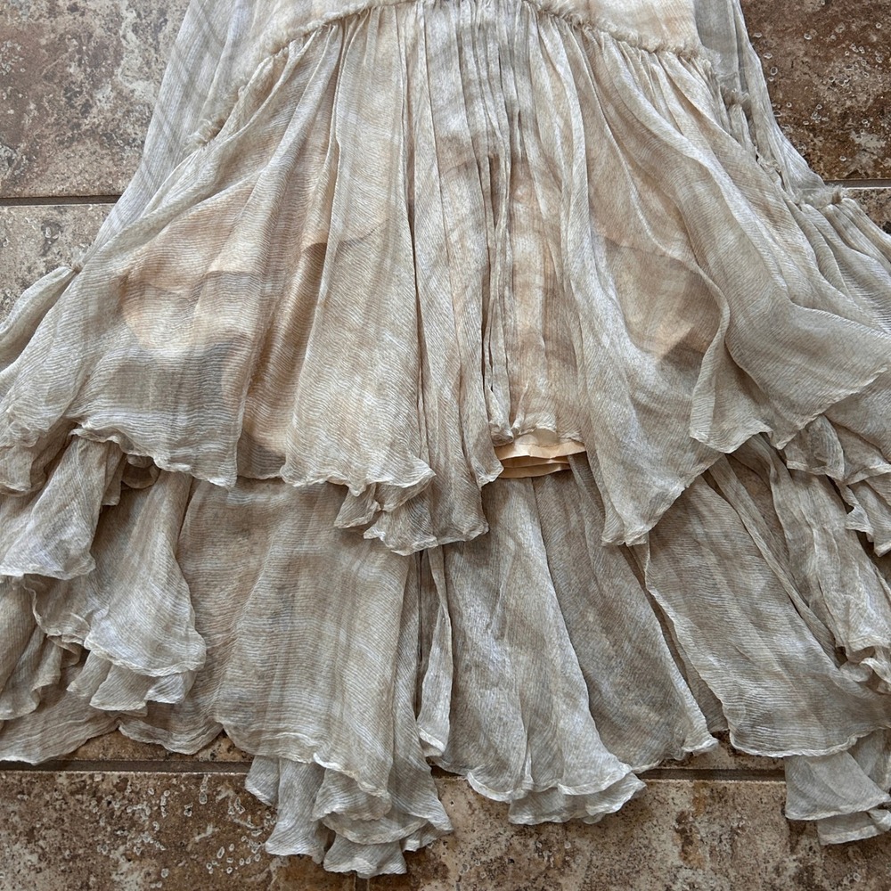 June Beige Button Up Bodice Layered High Low Ruffled 100% Leather Silk Dress - 4 - Picture 3 of 7